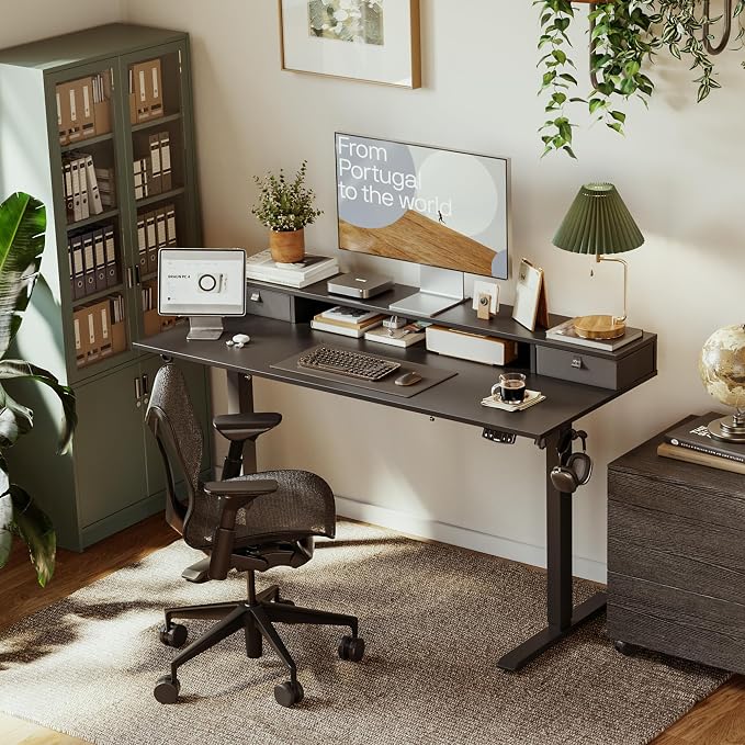Agilestic 48 x 24 Inches Electric Standing Desk with 2 Storage Drawers, Adjustable Height Sit and Stand Computer Table with Splice Board, Black