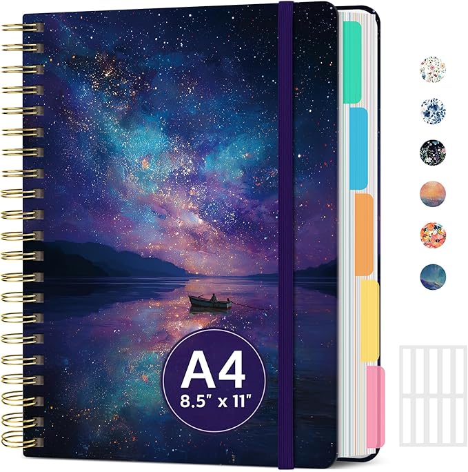 Large Spiral Lined Notebooks for Work with Removable Dividers & Tabs, 8.5"x11" Pretty Hardcover 5 Subject Notebook Journal for Women, College Ruled, Perfect for Study & Office Organization, 280 Pages,Cosmic Lake