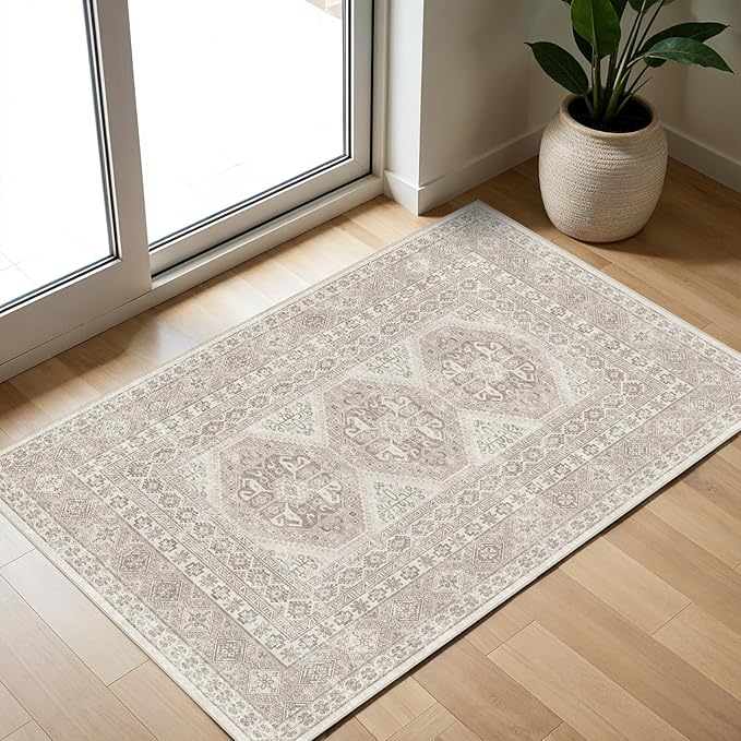 Washable Area Rug Non Slip - 2x3 Small Kitchen Boho Rug Vintage Entryway Low Pile Carpet for Doormat Beige (Beige, 2x3)