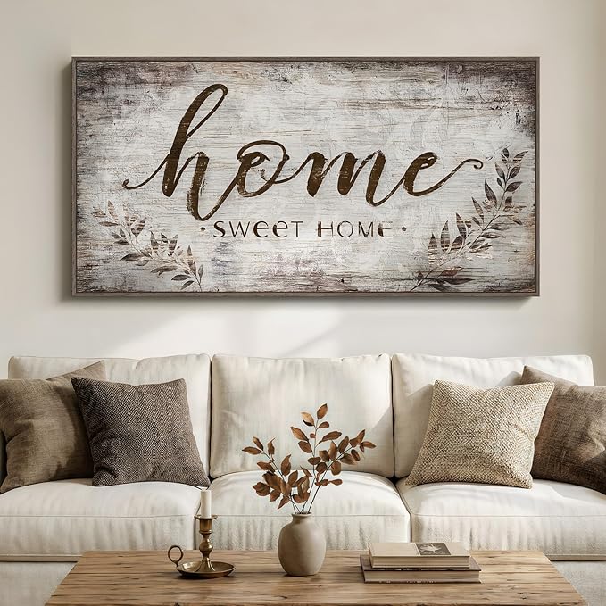 Large Framed Home Sweet Home Wall Art for Living Room, Vintage Rustic Brown Canvas Artwork for Walls, Family Sign Farmhouse Horizontal Painting Print Wall Decor for Bedroom Hallway Office, 30x60 Inch