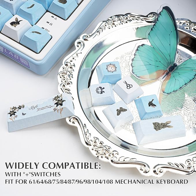 PBT keycap Set 145 Keys Cherry Profile, Blue White Lily Themed Aesthetic Keycaps Custom Dye-Sub Keyboard Keycaps for 60% 65% 70% 75% Cherry Gateron MX Switches Mechanical Keyboards