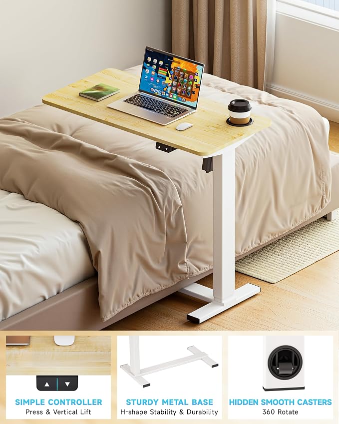 BIZUM Small Electric Standing Desk Bedside Table with Hidden Wheels 31.5 x 15.8 Inch Adjustable Computer Laptop Office Desk, Maple