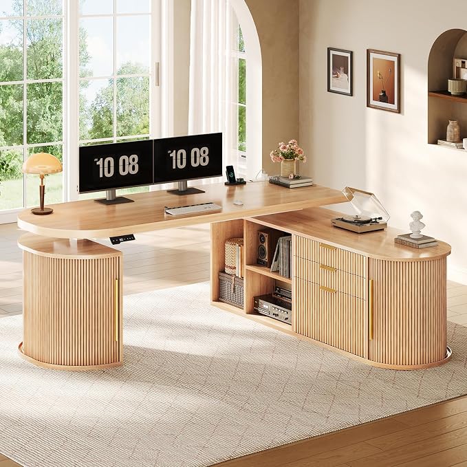 SEDETA 57" L Shaped Standing Desk with Storage, Electric Height Adjustable Curved Executive Desk, Fluted Desk with Drawers & Power Strip for Home Office, Light Oak