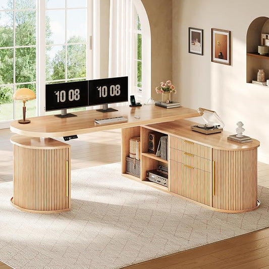 SEDETA 57" L Shaped Standing Desk with Storage, Electric Height Adjustable Curved Executive Desk, Fluted Desk with Drawers & Power Strip for Home Office, Light Oak