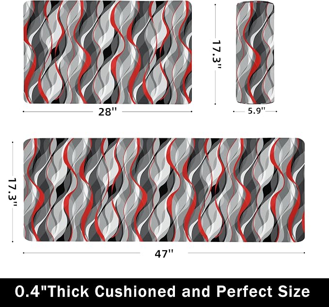 Kitchen Mats for Floor Modern Abstract kitchen rugs Grey and Red Stripe Anti Fatigue Kitchen Mats Waterproof Floor Mats Cushioned Non-Skid Standing Mats for Kitchen, Set of 2,17.3 x 28+17.3 x 47