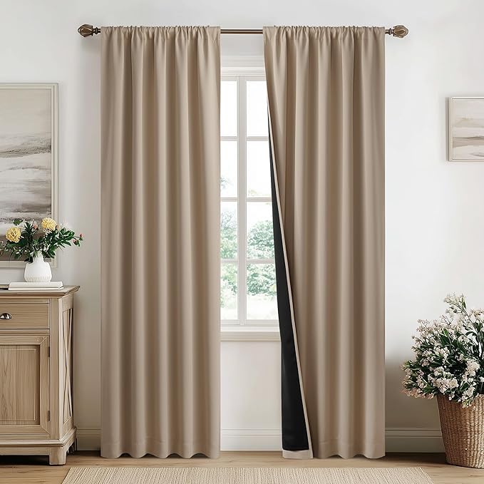 NICETOWN 100% Blackout Curtains for Living Room, Taupe W52 x L84 Set of 2 Light Blocking & Soundproof Drapes,Rod Pocket Black Lined Window Treatment Panels for Patio Sliding Glass Door