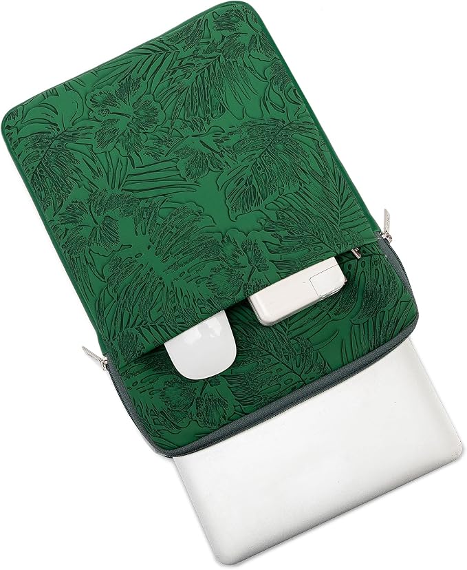 Kinmac 360° Protective Vertical Laptop Sleeve Case Cover Bag (Green Leaves PU, 15 inch-15.6 inch)