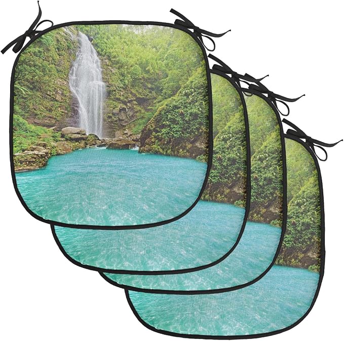 Lunarable Waterfall Chair Cushion Pads Set of 4, Falling Water from Green Mountains Clear Pool and Tropical Plants, Anti-Slip Seat Padding for Kitchen & Patio, 16"x16", Turquoise Green White