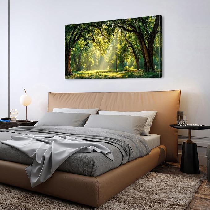AIYISU Green Forest Wall Art Panoramic Woodland Landscape Canvas Pictures Nature Wall Decor Sunrise Sunlight Trees Scenery Poster Living Room Bedroom Office Hallway Cabin Lodge Home Decoration 30x60