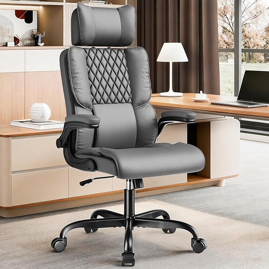 Sytas Executive Office Ergonomic Chair with Adjustable Headrest, PU Leather Desk Chair, High-Back Swivel Task Chair for Home Office, 135° Reclining, Gray