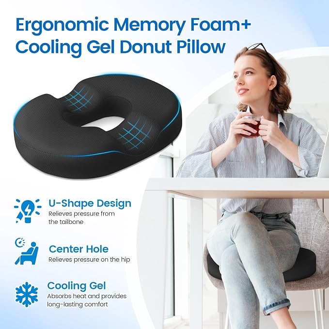 Donut Pillow Seat Cushion, Cooling Gel Memory Foam Chair Cushion, Black | Office, Home & Car Seat Cushion, Butt Pillow for Tailbone Pain Relief, Hemorrhoids and Everyday Sitting Comfort