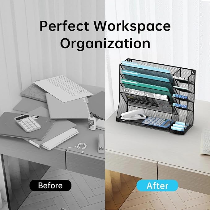 Wall File Organizer, 5-Tier Wall Organizer for Office with 4 Pen Slots, Vertical Hanging File Folder Holder with R-shaped Bottom Tray, Mesh Mail Holder Desk Organization for Workspace, Black