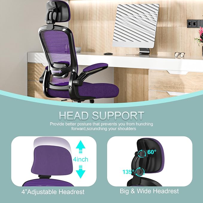 Mimoglad Office Chair, High Back Ergonomic Desk Chair with Adjustable Lumbar Support and Headrest, with flip-up Armrests for Guitar Playing, 5 Years Warranty (Modern, Dark Purple(Black Frame))