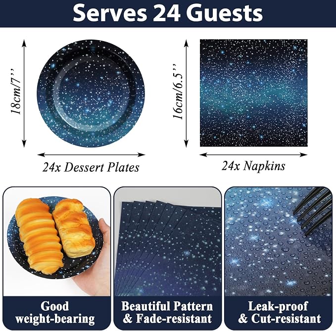 Galaxy Party Supplies Serves 24 Starry Night Party Paper Plates Napkins Space Theme Tablecloth Set Tableware Kit for Kids Birthday Party Baby Shower Dec