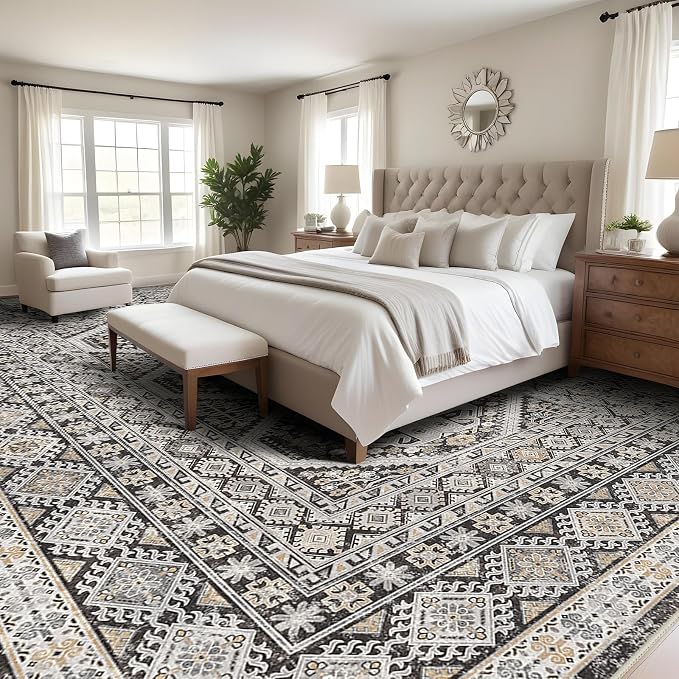 Large Rugs for Living Room: 10x14 Area Rugs Farmhouse Indoor Machine Washable Rug Non-Slip with Rubber Backed Oriental Carpets 10x14 Black