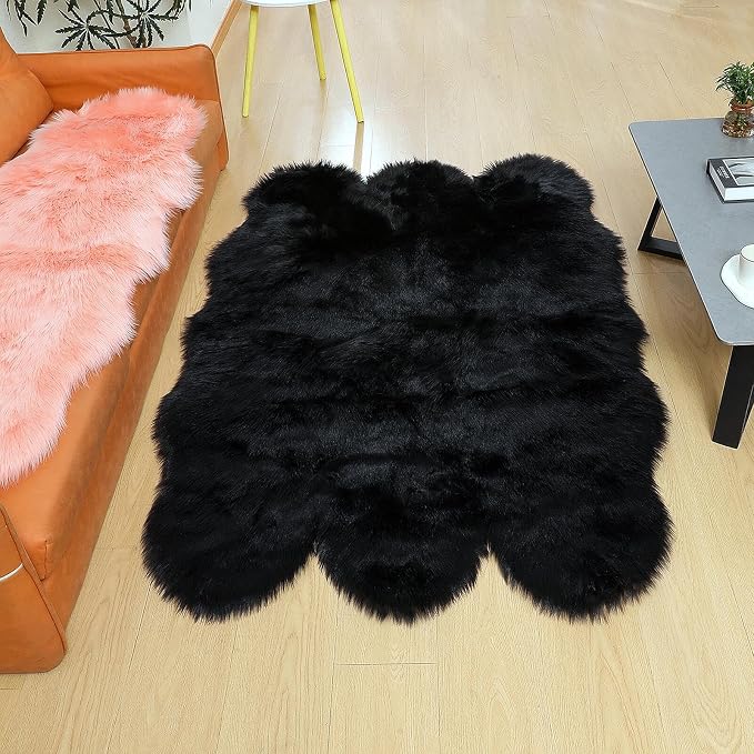 linmopm Faux Fur Sheepskin Rug, Black, 4x6 ft | Shag Fluffy Fuzzy, High-Density Cushion, For Bedroom Bedside Living Room, Plush Carpet, Sofa Cover