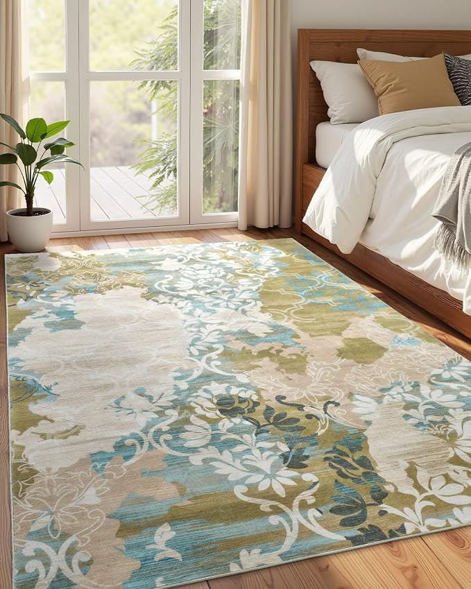 Macgace Washable Abstract Rug, 8x10 Willow Green and Blue Floral Area Rugs with Non-Slip Rubber Backed for Living Room, Low Pile Modern Throw Carpet Bedroom Dining Room Decor
