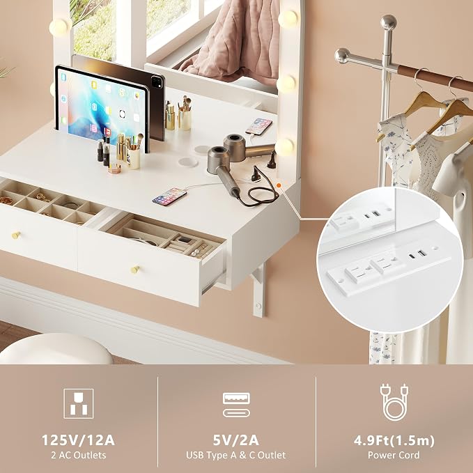 Merax White Floating Vanity Desk Vanity Mirror with Lights, 3 Color Adjustable, 2 Storage Drawers & Charging Station, Wall-Mounted Makeup Vanity Shelf for Bedroom Hairdressers, 31" D x 54" H