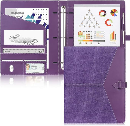 Toplive Padfolio 3 Ring Binder Organizer Business Portfolio Folder for Women, A4/ Letter Size PU Leather Portfolio Padfolio for Interview Conference Presentation, Purple