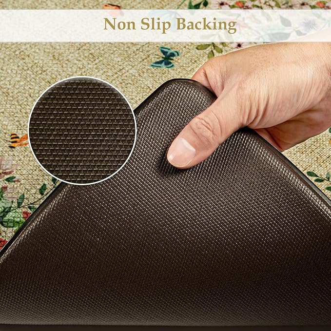 KIMODE Anti Fatigue Mats for Kitchen Floor 17"x47"+17"x29", Brown Butterfly Floral Kitchen Rugs Sets of 2, Cushioned Kitchen Floor Mats, Non Slip Standing Mat for Sink Laundry Office Desk