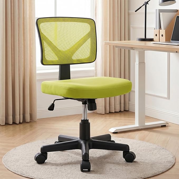 OLIXIS Armless Office Chair, Ergonomic Desk Chair with Wheels, Mesh Back, Removable Washable Foam Cushion, Height Adjustable Rolling Swivel Chairs for Small Space, Home, Office, Green