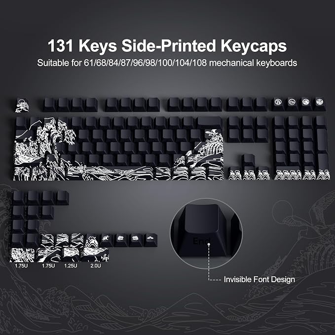 SDYZ XVX Shine Through Keycaps - Double Shot PBT Keycaps 60 65 75 100 Percent, Side Print Key caps Custom 131 Keys Set, Dye Sub Wave of Kanagawa Key caps for Mechanical Keyboards