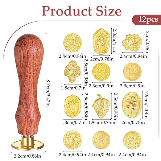 Bewudy Wax Seal Stamp Set, 12 Pcs Wax Stamp Heads with Wooden Handle, Sealing Waxs Stamps Kit for Party Wedding Invitation Cards Envelopes Gift Wrapping Letter
