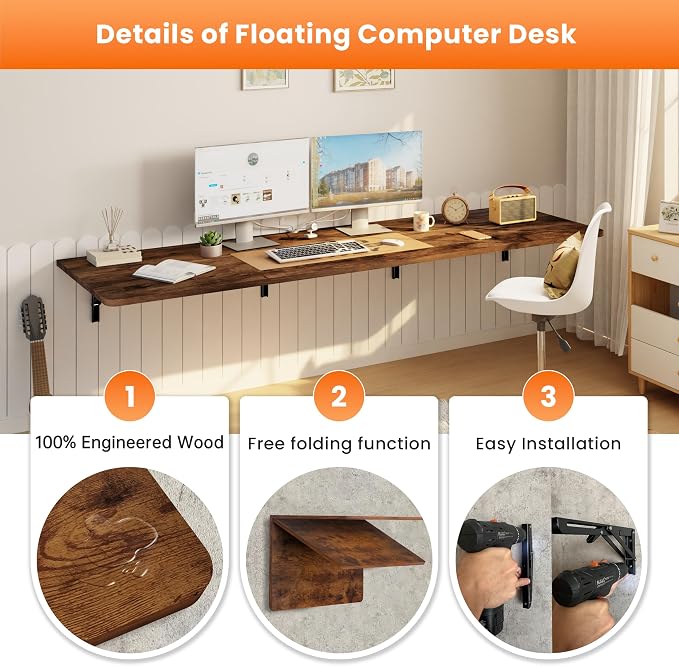 IAE Wall Mounted Floating Foldable Desk 72" x 22" Folding Computer Workstation Table with Engineered Wood and Metal Shelf Brackets,Fold&Floating Design for Home Office, Apartment,Laundry Room,Rustic