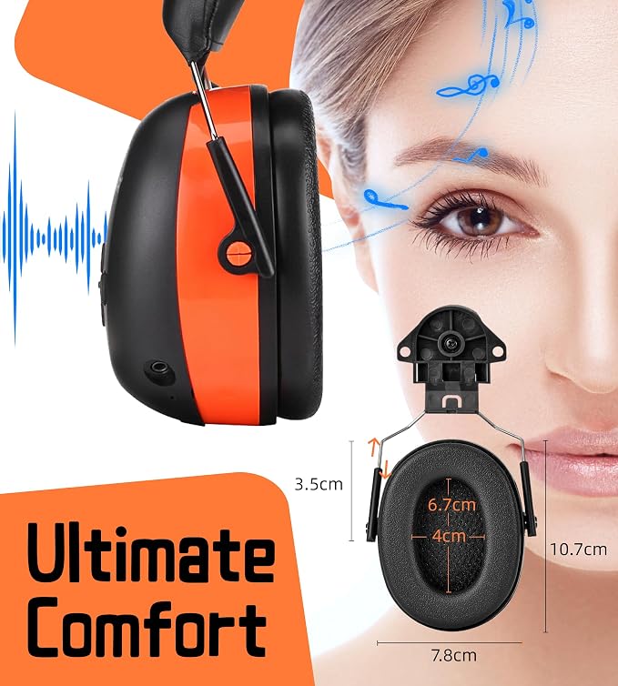 PROHEAR 037BR04 Bluetooth Hearing Protection with Adapter for 3M H-700 Hard Hats/DEWALT Hard Hat, 40H Playtime Safety Headphone for Construction Worker, Mowing - Orange