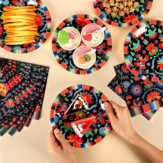 Mexican Fiesta Party Supplies Serves 24 Mexican Party Paper Plates Napkins Mexico Mayo Decorations Datura Flower Serape Tablecloth Set Tableware Kit for Day of The Dead Pinata Taco Ponchos Dance