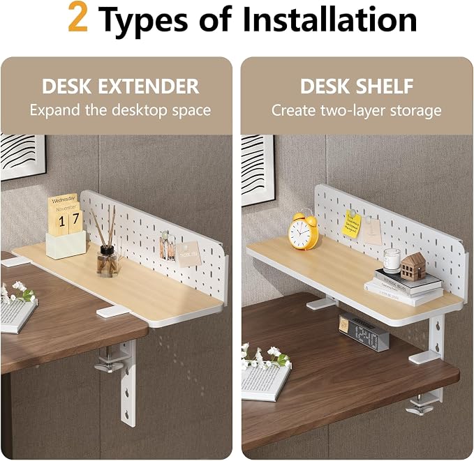 Clamp on Desk Extender Shelf, 22" Desk Riser with Pegboard | Heavy-Duty Side/Top Desk Organizer Shelf for Office Accessories, Monitor and Laptop Riser, Light Wood