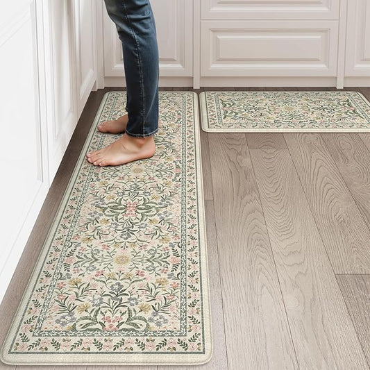 Collive Kitchen Mats for Floor, Cushioned Anti Fatigue Mat Non Skid Waterproof Kitchen Rugs Set of 2, Beige Vintage Comfort Standing Desk Rug for Office, Sink, Laundry, 17"x30"+17"x59"