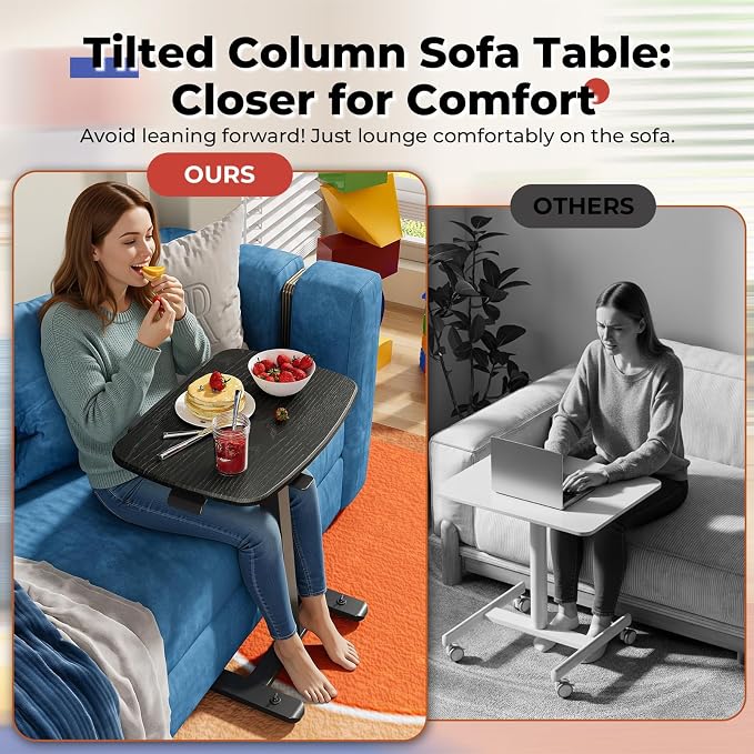 JOY worker Low Height Small Mobile Standing Desk for Couch, Height Adjustable TV Tray Table with 90° Foldable MDF Desktop, Portable Laptop Desk with Low Base & Lockable Hidden Casters, Black