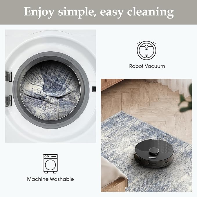 3x12 Hallway Washable Runner Rug - Non-Slip Kitchen Rugs with Rubber Backing Abstract Neutral Low-Pile Carpet Runners for Laundry Room Home Decor Bedroom Bathroom Entryway (Blue Gray,3x12)