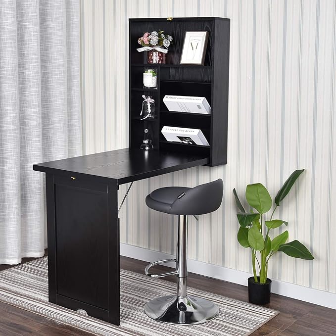 YUSING Wall Mounted Table, Fold Out Convertible Desk Multi-Function Computer Desk Writing Desk Home Office Wood Wall Floating Desk with Large Storage Area