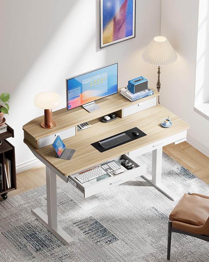HUANUO 48 x 30 inch Electric Standing Desk with 4 Drawers, Natural | Deeper 30 Inch Desktop, Cable Tray, Monitor Mount Support, Grommet Routing, 27.9–46.8 Inch Height Range, Home Office Use