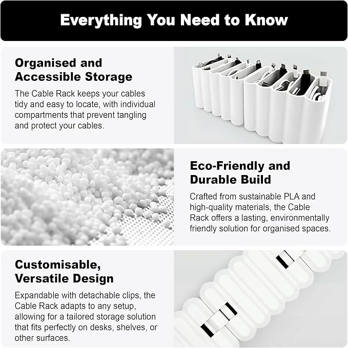 Cable Management Organizer Cord Management, Multiple Slots for Home, Office, Desk, Workshop, Durable Plastic Connectable Cable Organizer, Tangle-Free, Expandable Storage, White
