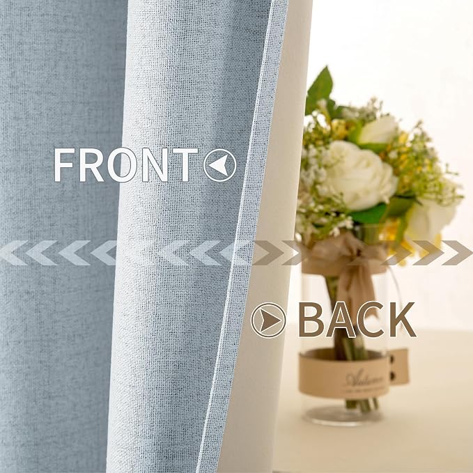 MIULEE 100% Blackout Linen Textured Curtains for Bedroom Solid Thermal Insulated Chambray Blue Grommet Room Darkening Curtains & Drapes Luxury Decor for Living Room 52 x 108 Inch (2 Panels)