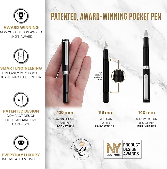 Scriveiner Luxury EDC Fountain Pen (Fine), Stunning Matt Black Pocket Pen, Chrome Finish, Schmidt German Nib, Converter, Best Writing Pen Gift Set for Men & Women, Nice Fancy Office Designer Pen
