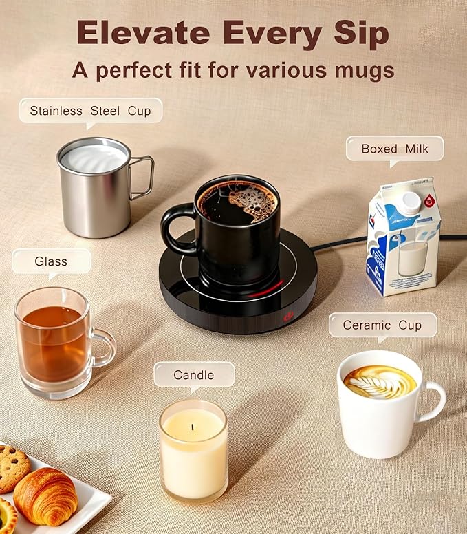 Kepwam Coffee Mug Warmer for Desk, 3-Temp Fast Heating Cup Warmer with 6H Auto Shut Off, LED Light & Smart Candle Warmer for All Beverages, Ideal Gifts for Women Men