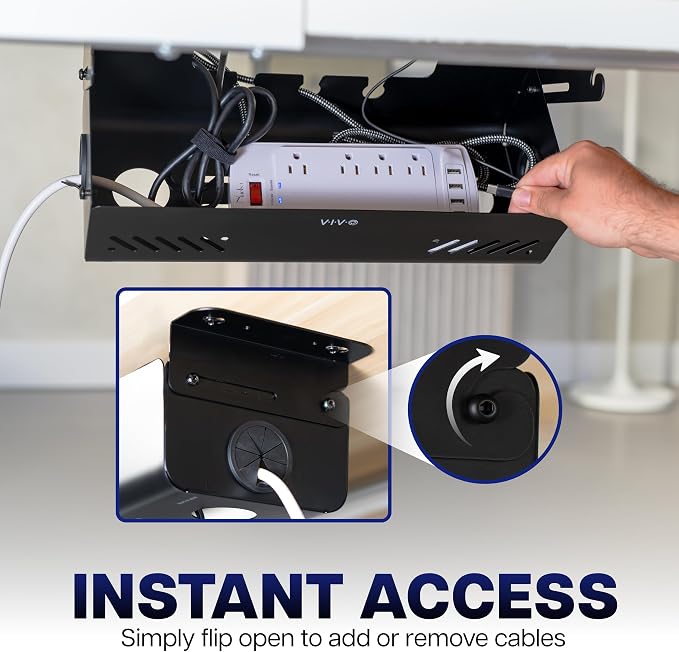 VIVO 19 inch Screw-On Under Desk Cable Management Box with Flip-Open Lid, Easy-to-Open Steel Cord and Power Strip Organizer, Cable Organizer Tray, 11lbs Capacity, Black, DESK-ACMB20-S