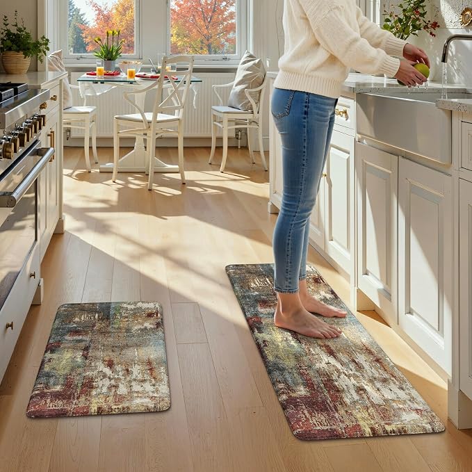 LEEVAN Anti Fatigue Kitchen Mats for Floor, Cushioned Kitchen Mat Set 2PCS | 17.3"x29"+17.3"x47", Modern Abstract Red Kitchen Rugs Non-Slip, Waterproof Ergonomic Standing Mat for Laundry, Office, Sink