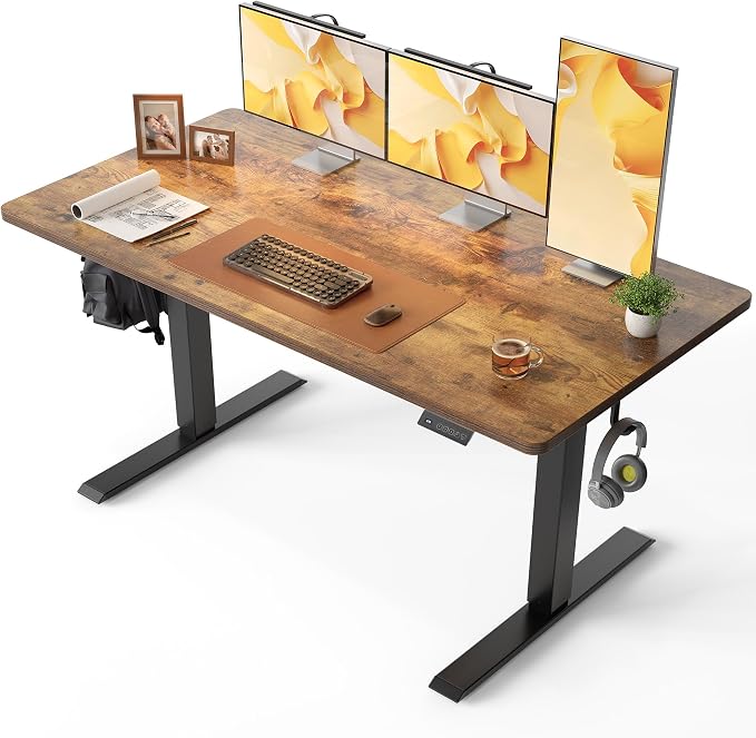 CubiCubi 55 x 28 Inch Large One-Piece Standing Desk, Adjustable Height Electric Computer Home Office Sit Stand up Whole Board Workstation, with Memory Presets, Headphone Hook, Rustic Brown