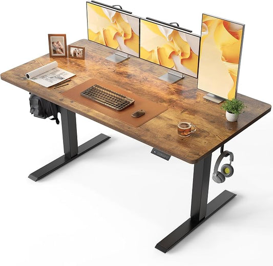 CubiCubi 55 x 28 Inch Large One-Piece Standing Desk, Adjustable Height Electric Computer Home Office Sit Stand up Whole Board Workstation, with Memory Presets, Headphone Hook, Rustic Brown