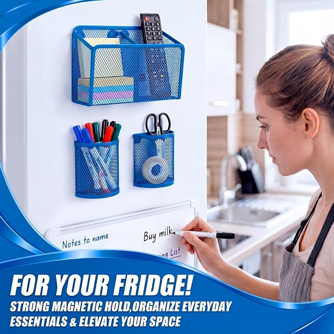 Marspark 3 Pcs Magnetic Pen Holder Set Metal Pencil Holder with Strong Magnets Wire Mesh Storage Basket Organizer for Locker Accessories Whiteboard Refrigerator School Office Dorm(Blue)