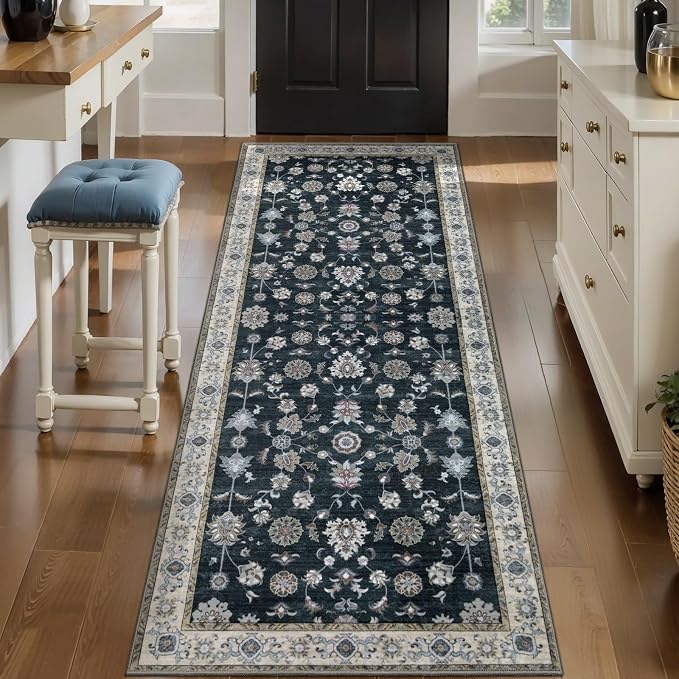 Tangsoo Black 2x5 Rug Runner, Vintage Washable Runner Rug for Hallways Non Slip, Floral Oriental Soft Low Pile Rugs Runner, Boho Print Carpet Runners for Kitchen Bedroom Entryway Bathroom Living Room