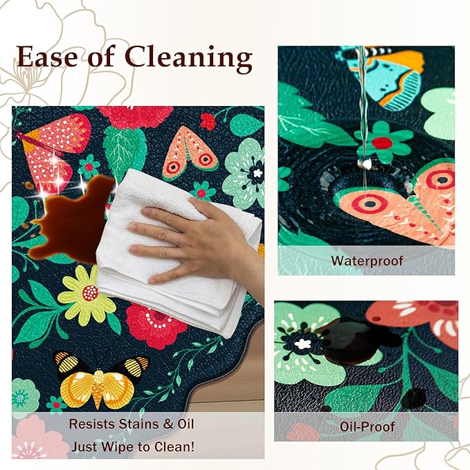 Scalloped Kitchen Mats for Floor 2PC Cushioned Anti Fatigue Kitchen Mats Rugs Waterproof Non Slip Farmhouse Boho Floral Comfort Foam Standing Mat for Sink Laundry, Navy