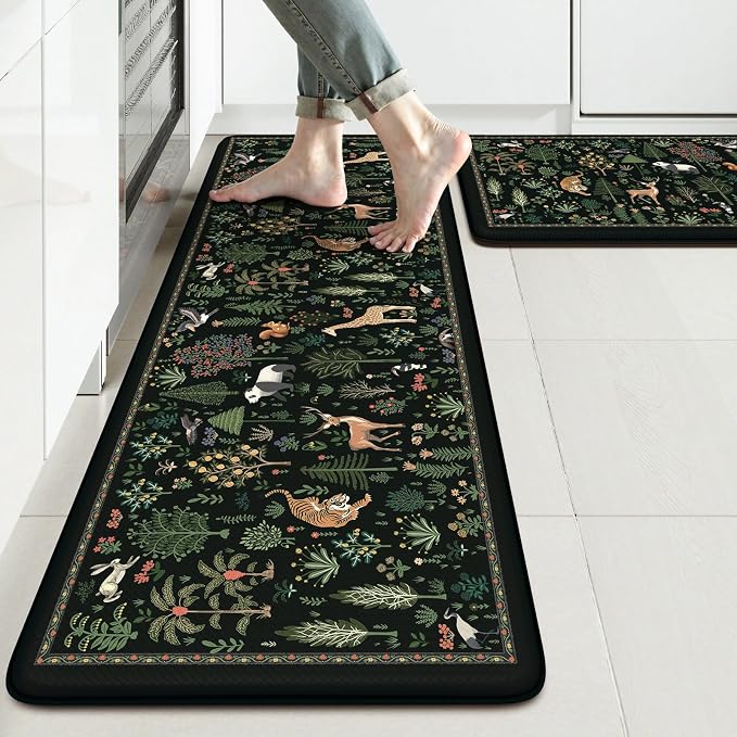 KIMODE Kitchen Mats for Floor Cushioned Anti Fatigue, Kitchen Rug Sets of 2 | 17.3"x47"+ 17.3"x29",Black,Farmhouse Animal Forest Kitchen Rugs Non Slip,Memory Foam Kitchen Standing Mat Laundry Sink Office