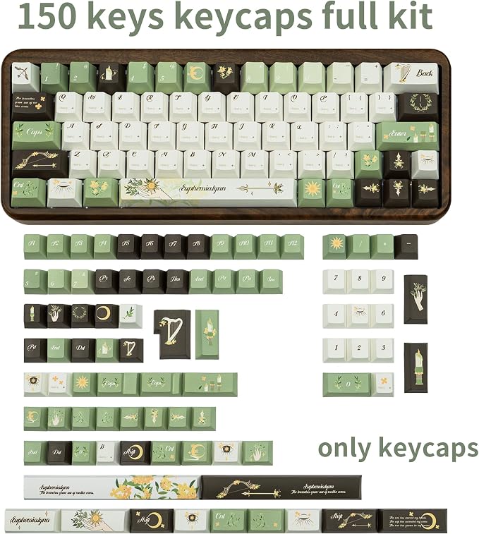 150 Keys Green PBT Keycaps, Laurel Theme Custom Keycap Cherry Profile, Dye-Sublimation Keycaps Set for 61/64/68/84/87/100/104/108 Cherry MX Mechanical Keyboards