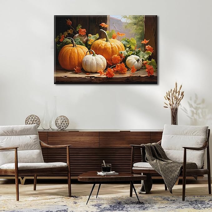 Vintage Pumpkin Canvas Wall Art Fall Pictures Halloween Maple Leaf Autumn Decor Thanksgiving Wall Prints Rustic Framed Wall Decor Modern Artwork for Living Room Kitchen Bedroom Home Decorations 32x48”